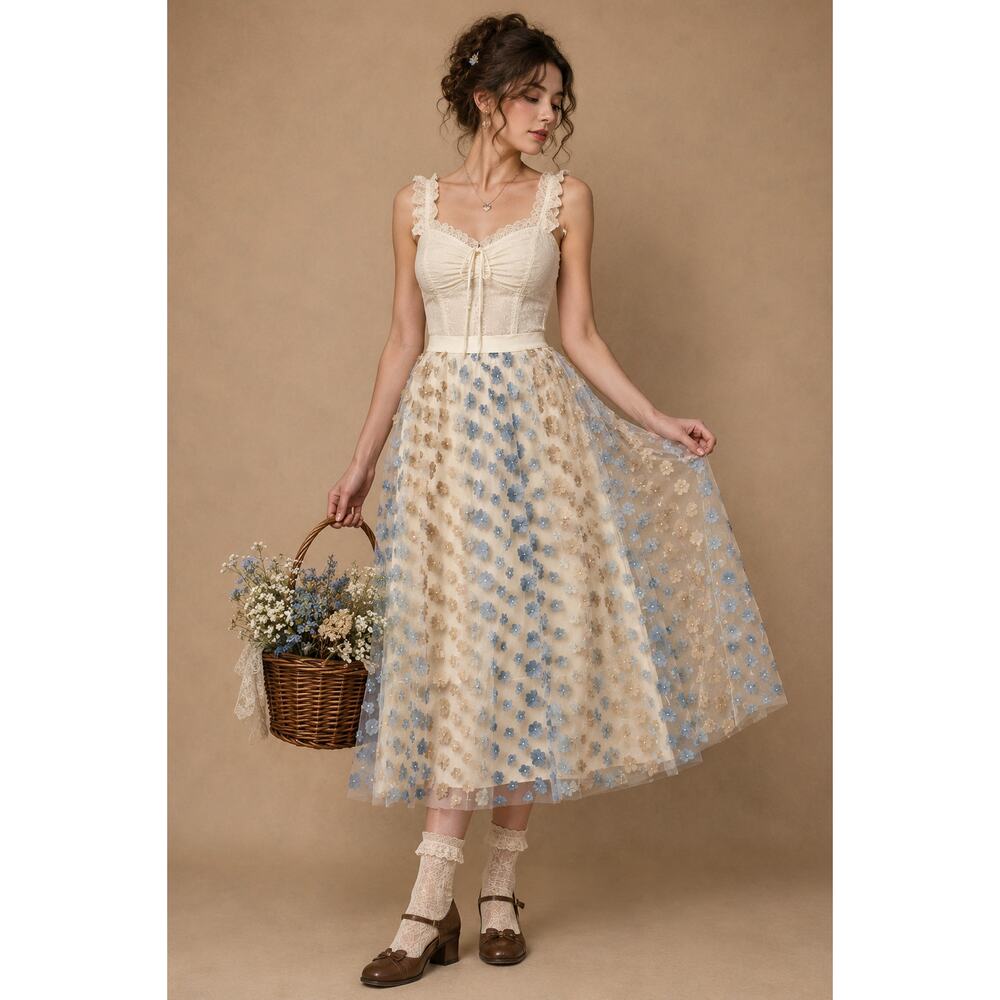 Floral Sheer Lace Overlay Long Midi Skirt Maxi Boho Cream Blue Cottagecore Small